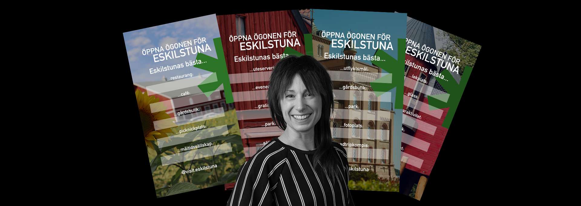 Grafisk blad med texten Öppna ögonen för Eskilstuna, framför en mörkhårig kvinna som ler.